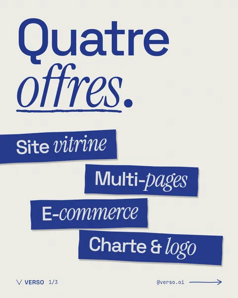 Visuel « Quatre offres » : site vitrine, multi-pages, e-commerce, charte et logo