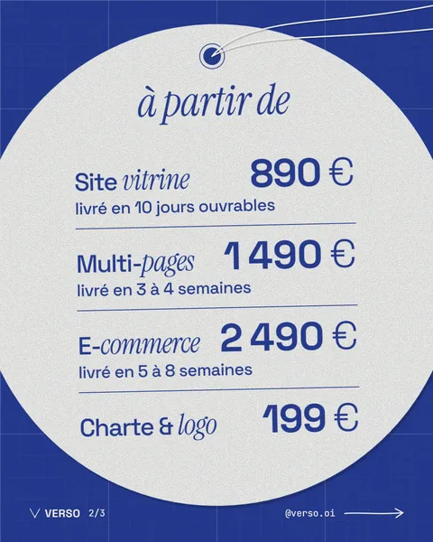 Prix de départ des sites internet à Mayotte : site vitrine 890 €, multi-pages 1 490 €, e-commerce 2 490 €, charte et logo 199 €