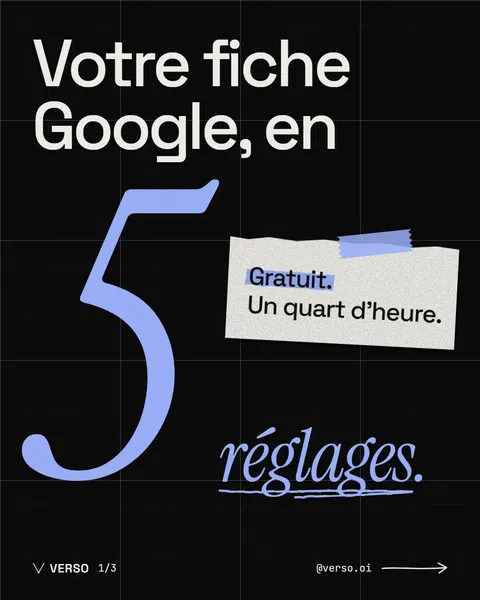 Visuel « Votre fiche Google, en 5 réglages » : gratuit, un quart d'heure