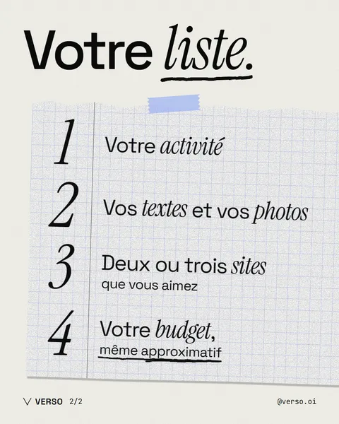 Votre liste : votre activité, vos textes et vos photos, deux ou trois sites que vous aimez, votre budget même approximatif