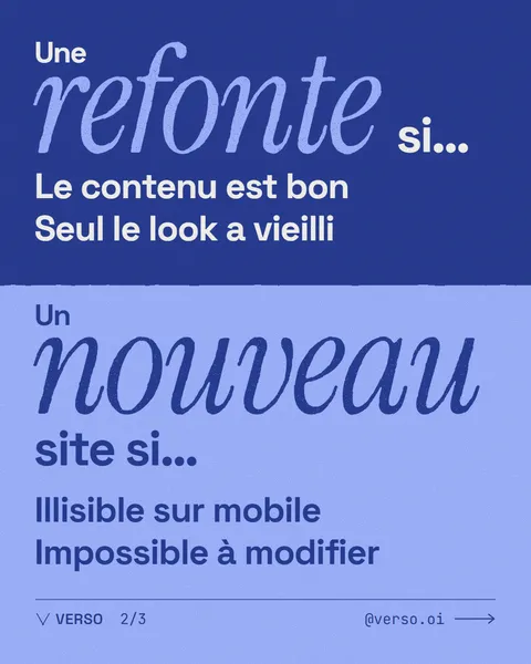 Une refonte si le contenu est bon et que seul le look a vieilli ; un nouveau site s'il est illisible sur mobile ou impossible à modifier