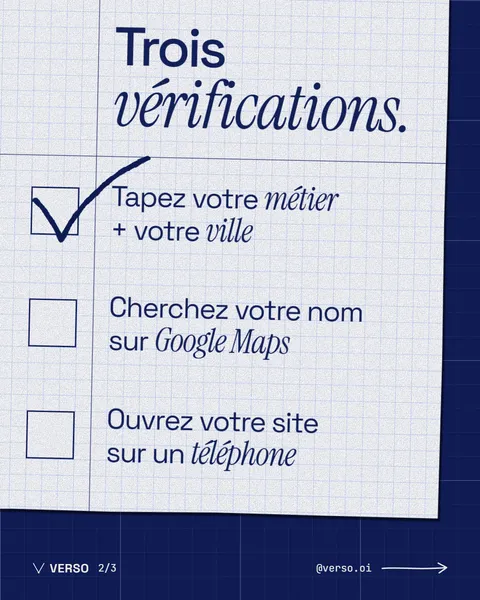 Trois vérifications : tapez votre métier et votre ville, cherchez votre nom sur Google Maps, ouvrez votre site sur un téléphone